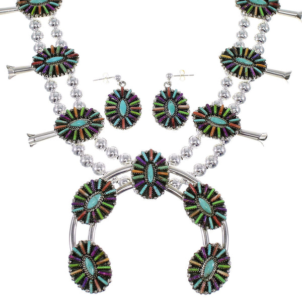 Southwest Multicolor Needlepoint Silver Squash Blossom Necklace Set WX71808